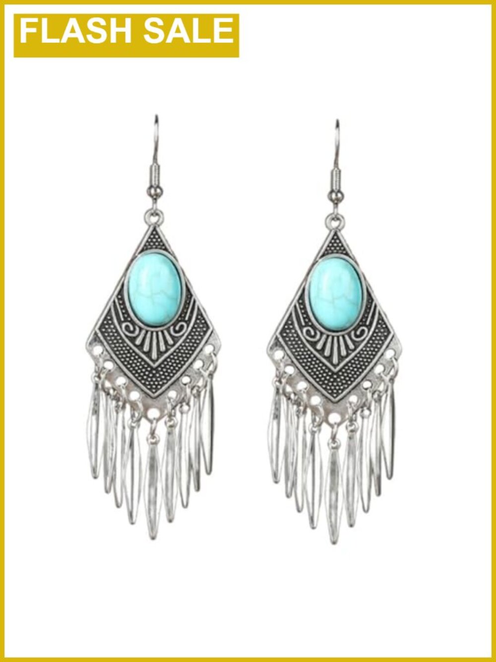 Handmade Turquoise Inlay Dangle Earrings Silver-Tone Tassel Drop